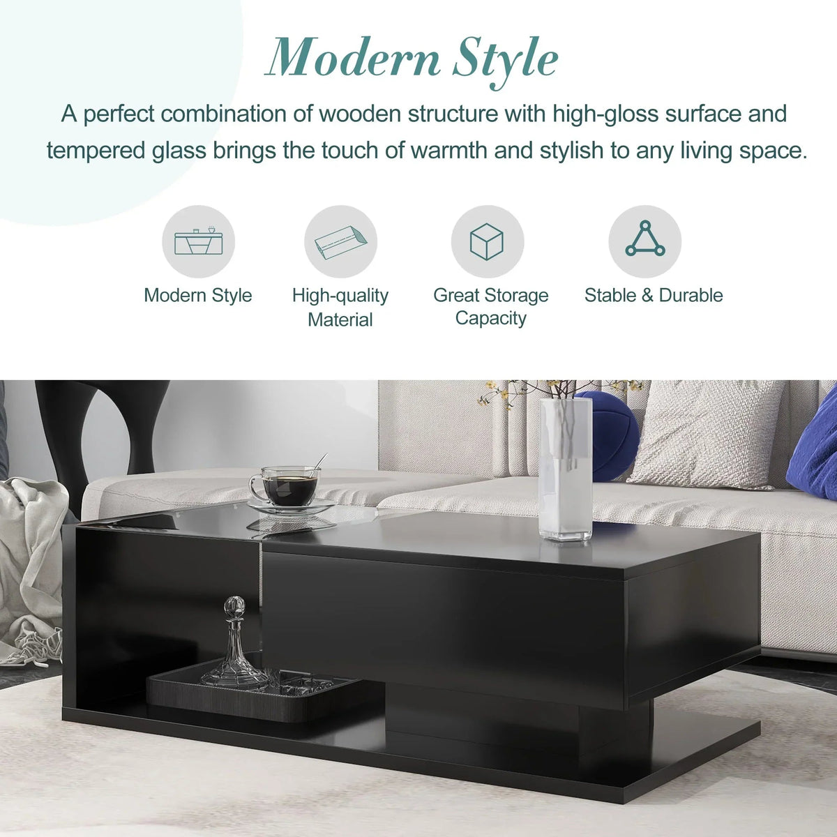 JQCX Modern Coffee Table With Tempered Glass, High-Gloss UV Surface And 2-Tier Storage