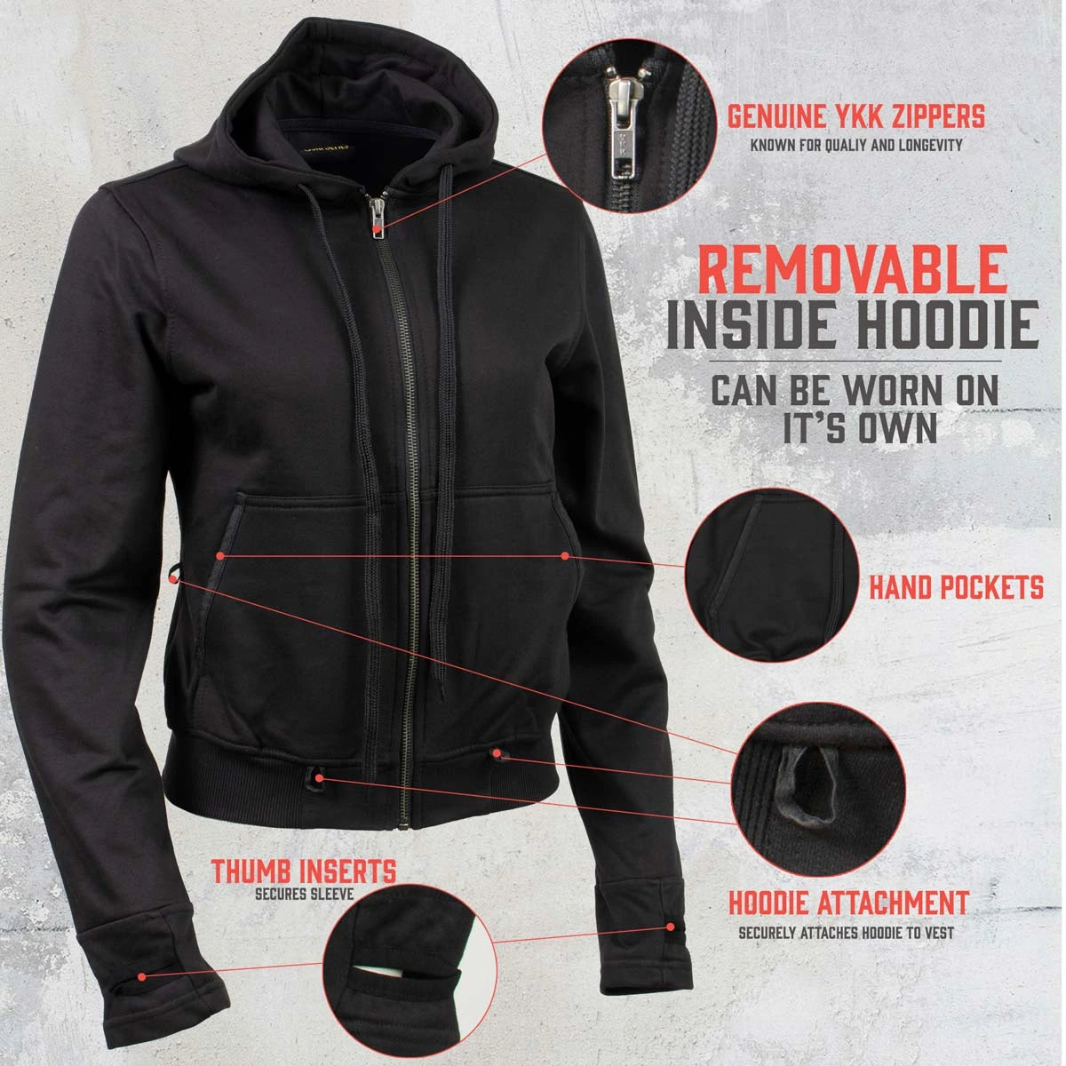Women's Leather Convertible Hoodie Vest - Black