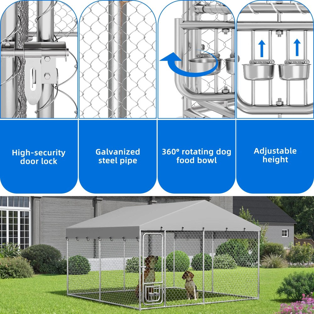 Dextrus Outdoor Dog Kennel Enclosure With Roof And Rotating Feeder Bowls, 10'x10', Silver