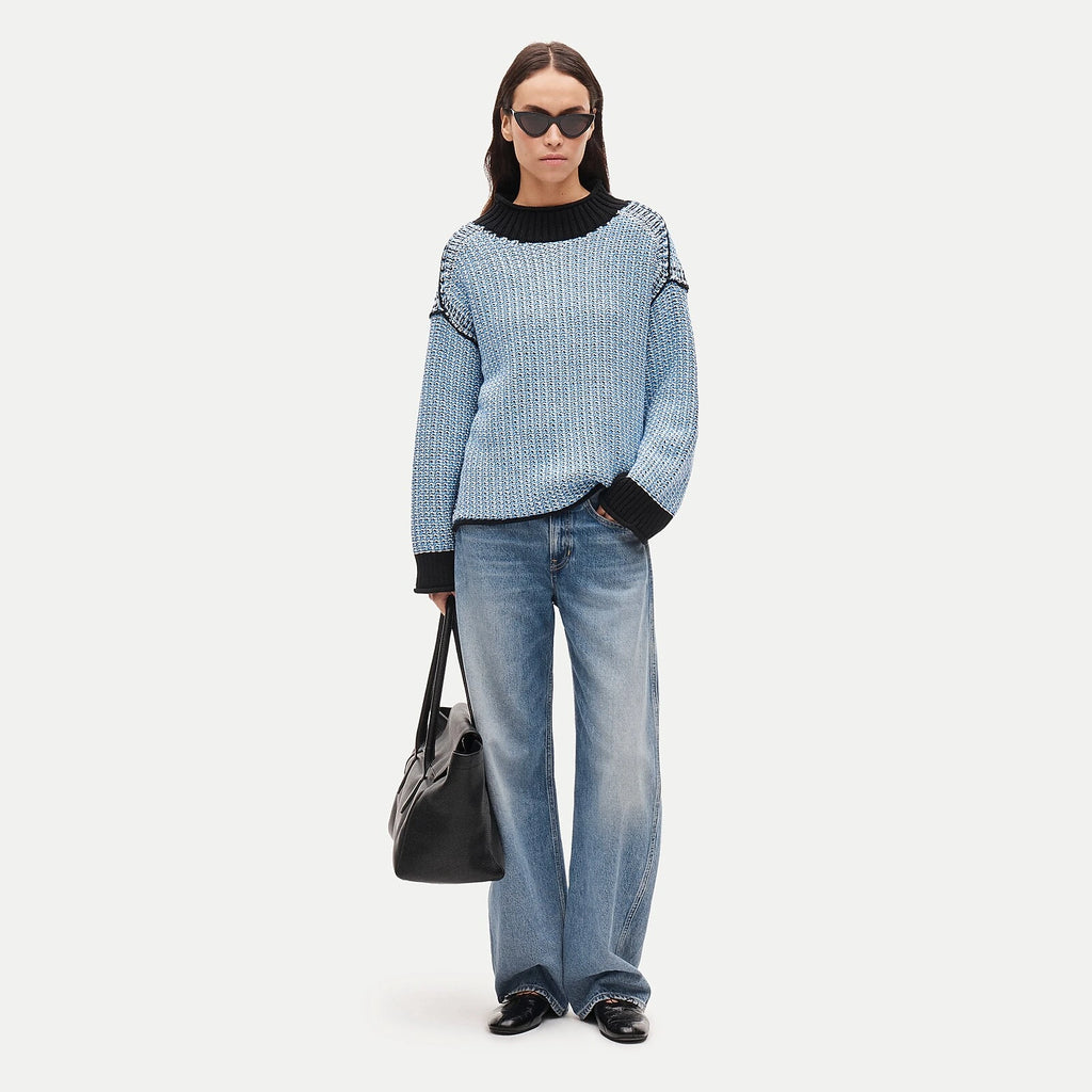 Reversible Cotton Tweed-Stitch Sweater - Blue
