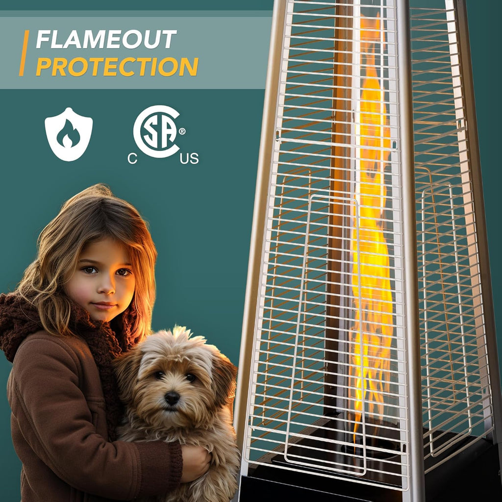 Pamapic Pyramid Flame Outdoor Patio Heater With Cover, 48 000 BTU, Quartz Glass Tube, 87 inch Propane Heater