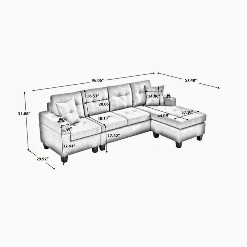 Contemporary L-Shaped Sectional Sofa With Cup Holders, Storage Chaise, Grey Or Black