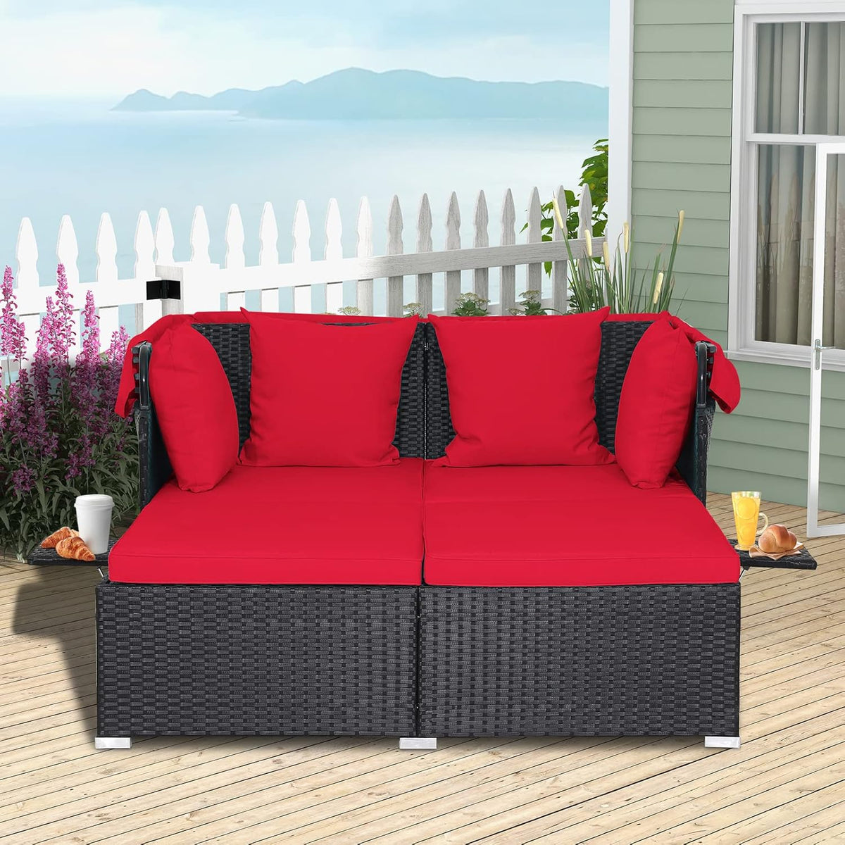 RELAX4LIFE Patio Daybed With Canopy, Cushions, 4 Pillows And 2 Side Trays, Turquoise - B0BYSN7GC7