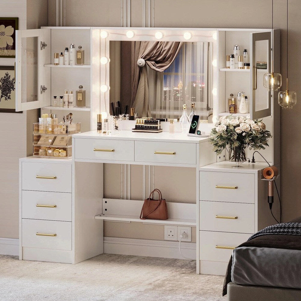 UGTOO LED Makeup Vanity Desk With Mirror, 58.27in, 10 Adjustable LED Bulbs, 8 Drawers, 2 Cabinets, White