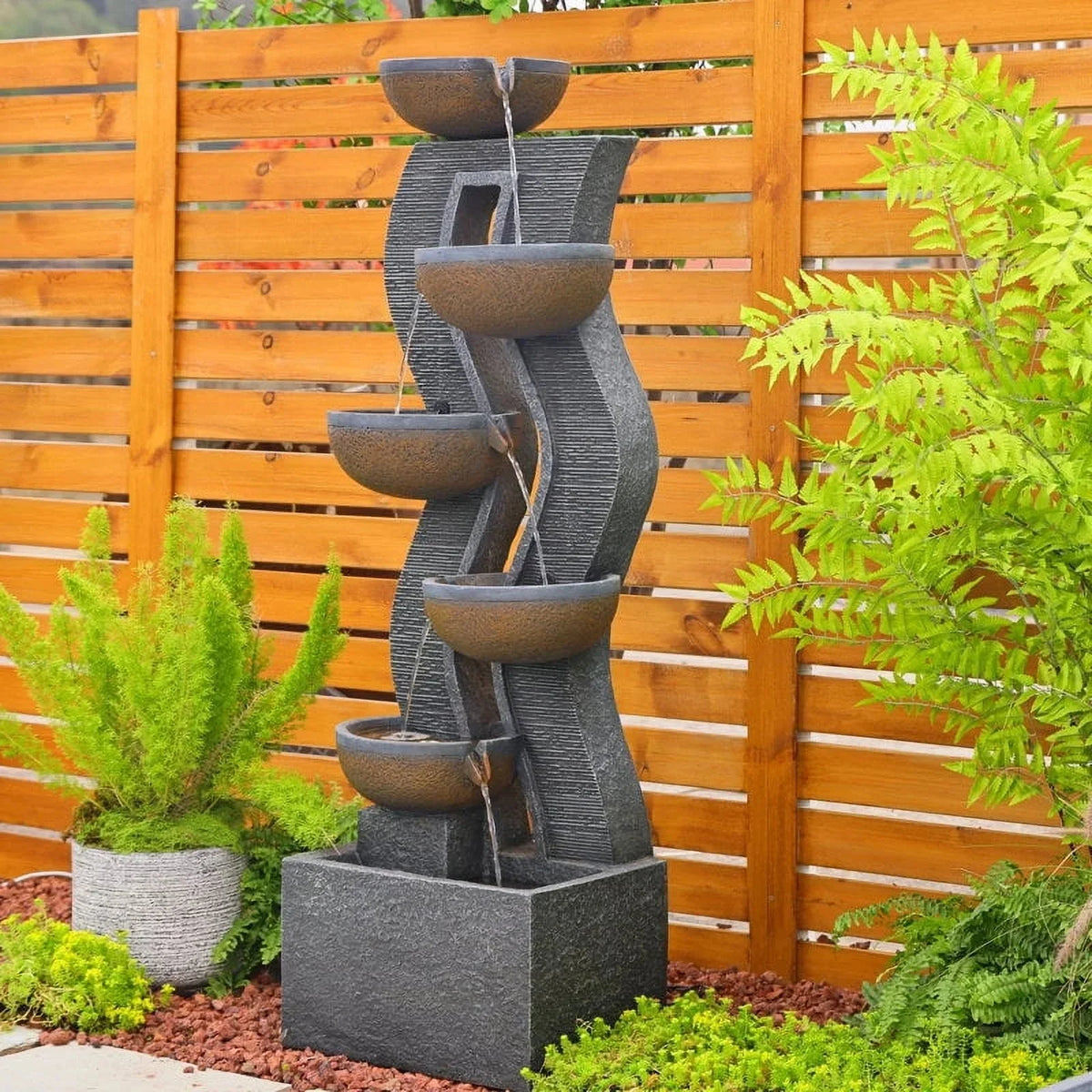 6-Tiered Outdoor Garden Water Fountain With Light, 16.77in L X 13.85in W X 52.8in H