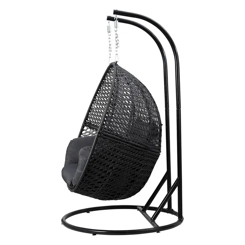 Gardeon Two-Person Wicker Egg Swing Chair With Stand, Grey, 117cm x 117cm x 200cm