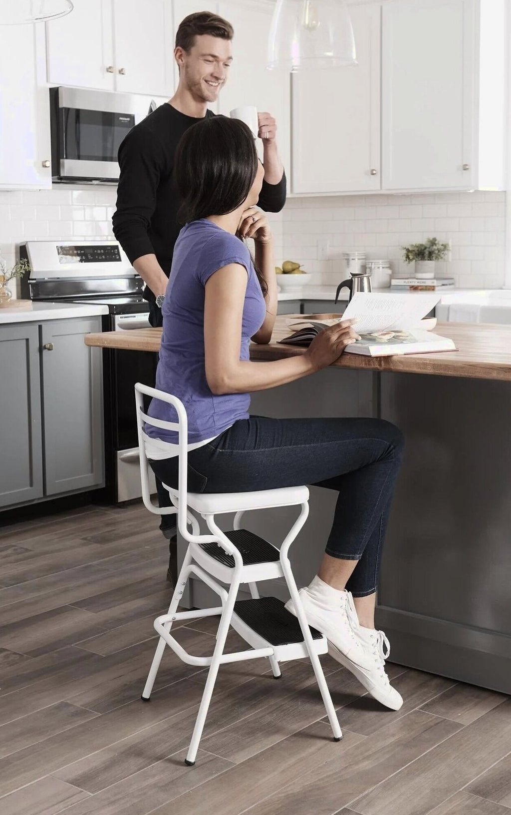 COSCO Stylaire Retro Chair And Step Stool With Flip-Up Seat - White, One Pack