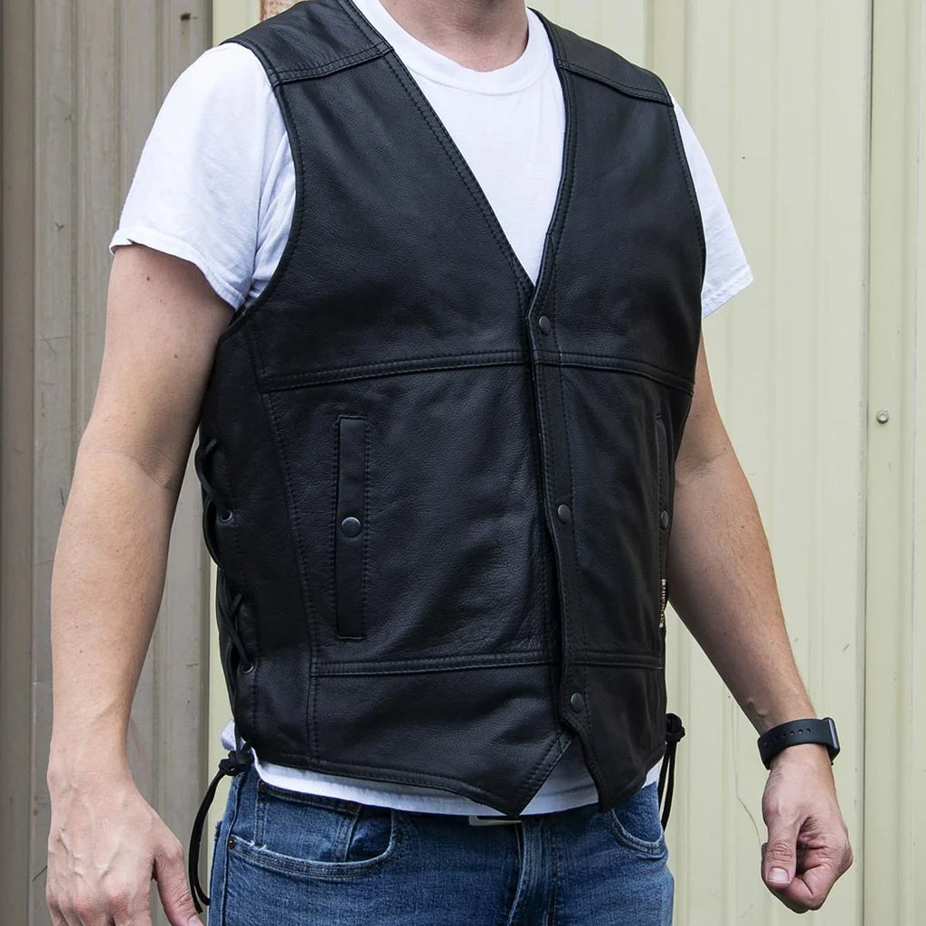 Men's Side-Laced Cowhide Motorcycle Vest - Black