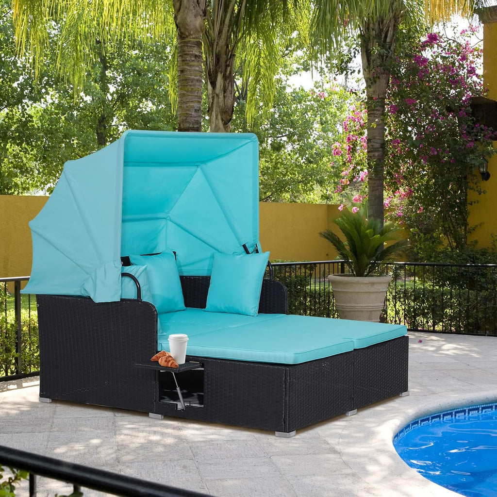 RELAX4LIFE Patio Daybed With Canopy, Cushions, 4 Pillows And 2 Side Trays, Turquoise - B0BYSN7GC7