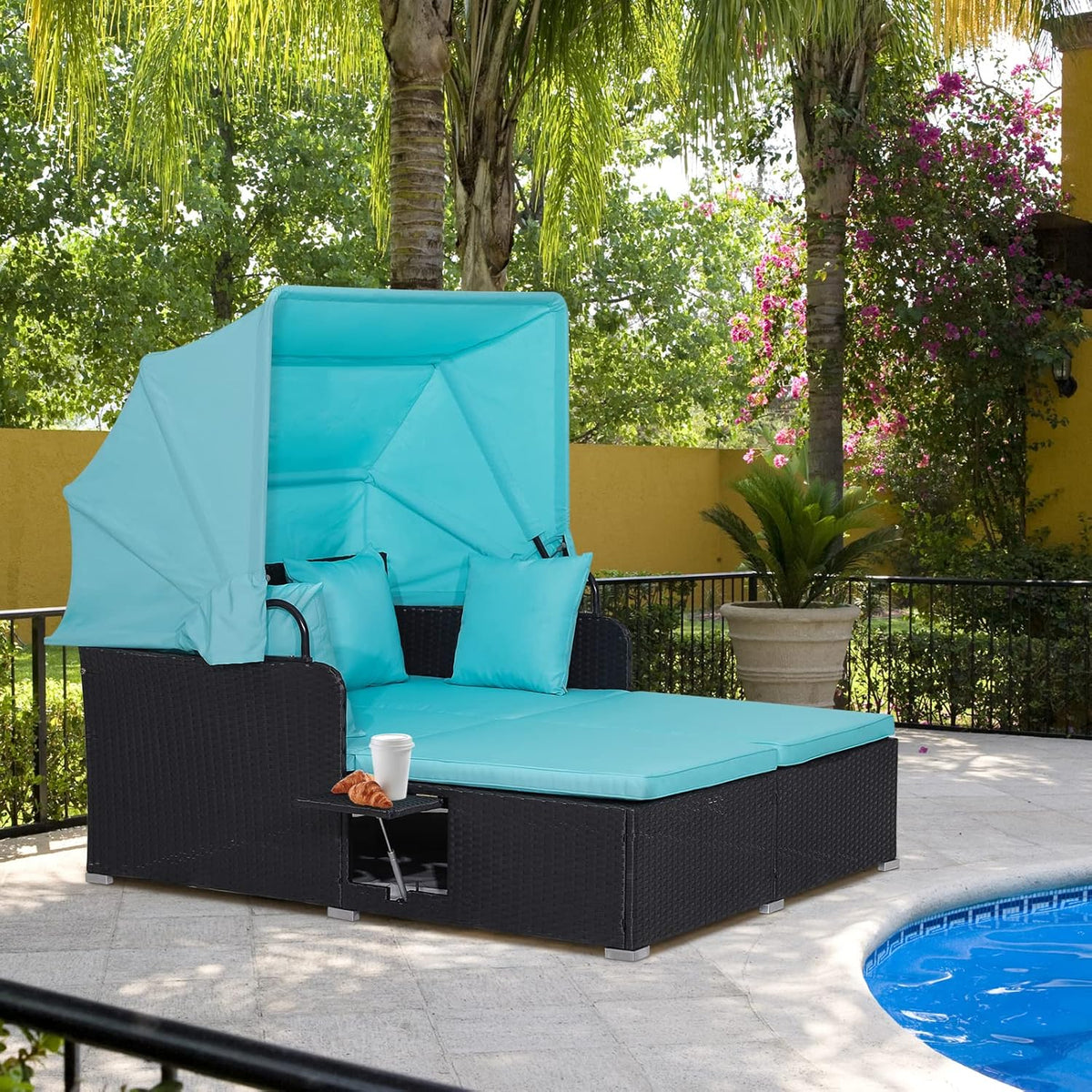 RELAX4LIFE Patio Daybed With Canopy, Cushions, 4 Pillows And 2 Side Trays, Turquoise - B0BYSN7GC7