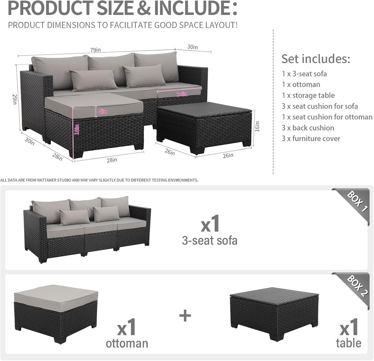 3-Piece Outdoor Sectional Wicker Patio Furniture Set With Ottoman And Storage Table - Light Grey
