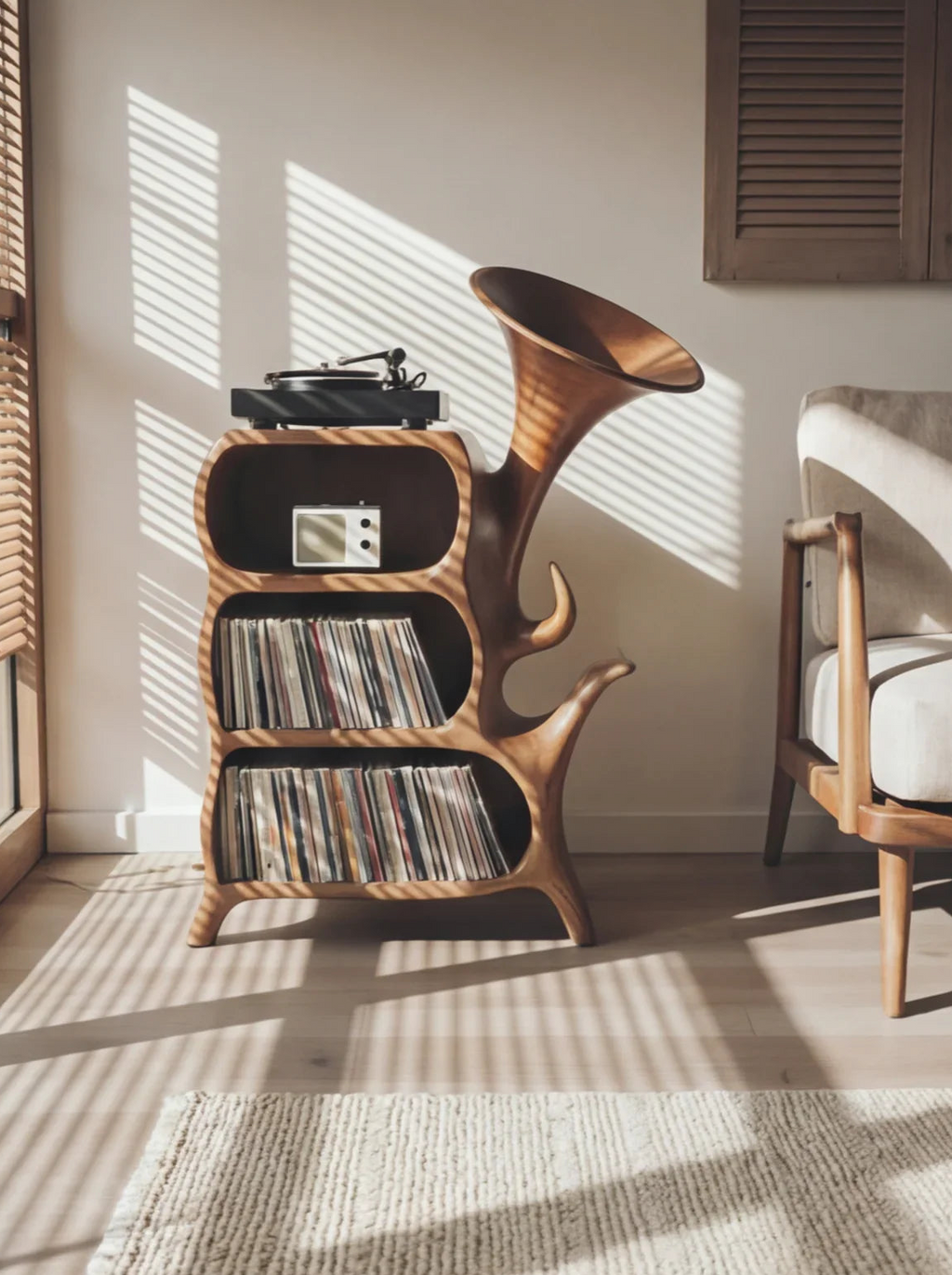 Organic Sculptural Solid Wood Vinyl Record Storage Cabinet With Integrated Turntable Stand