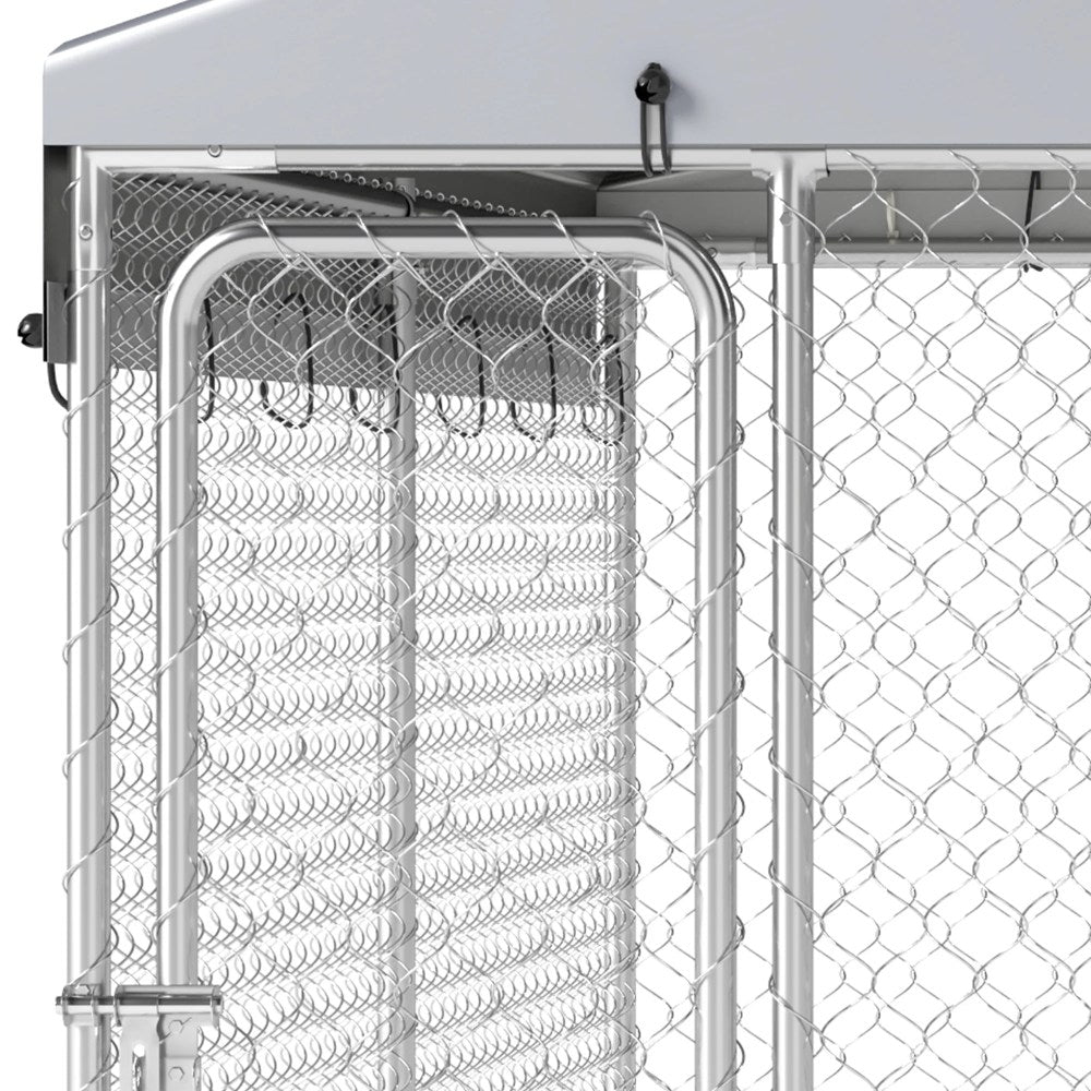 Dextrus Outdoor Dog Kennel Enclosure With Roof And Rotating Feeder Bowls, 10'x10', Silver