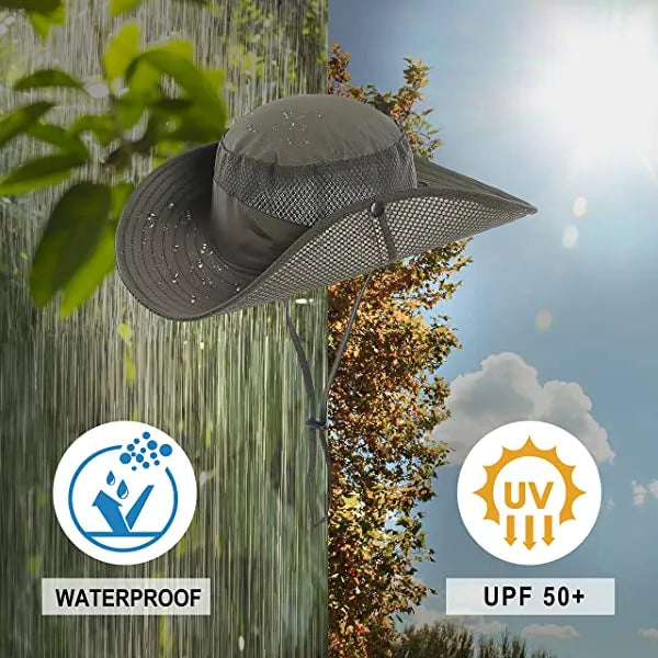 Mens Womens Sun Hat Wide Brim Breathable Mesh Upf 50+ Waterproof Fishing Hat Safari Hat Foldable Boonie Cap A-Khaki
