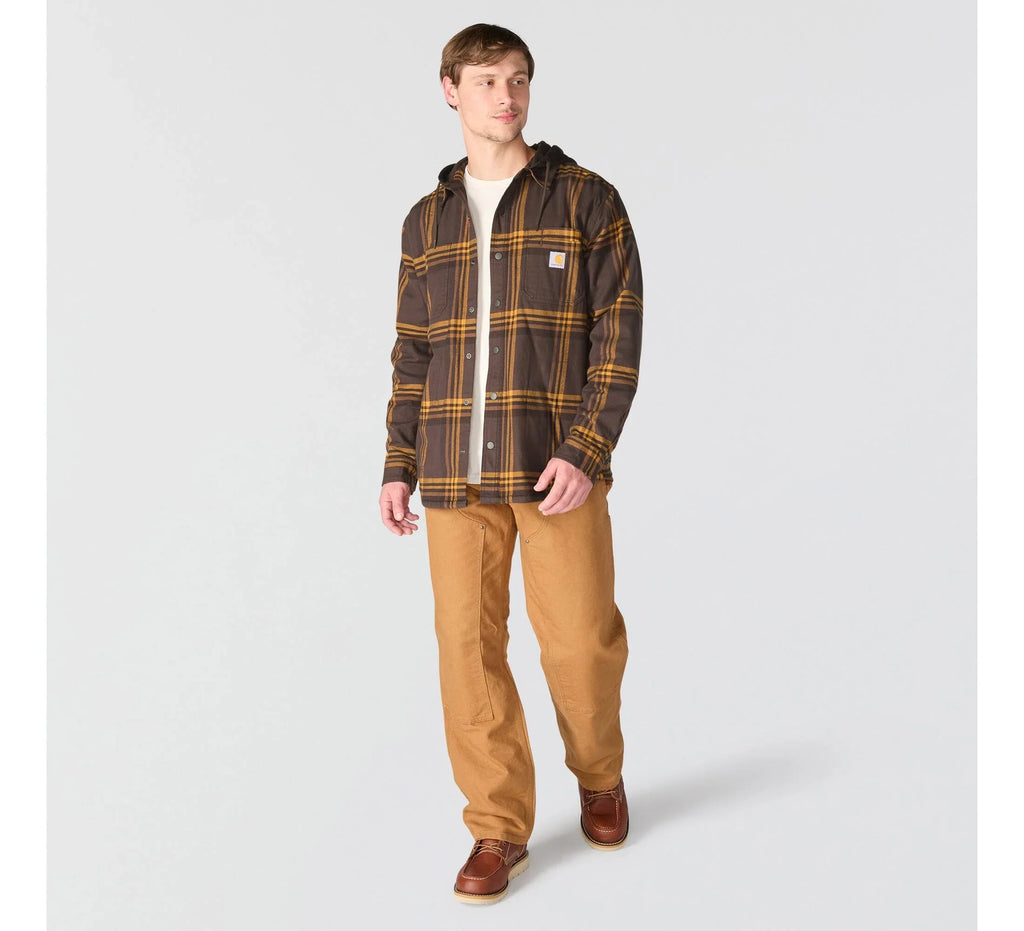 Men's Hooded Fleece-Lined Plaid Shirt Jacket - Brown