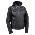 Women's Leather Convertible Hoodie Vest - Black
