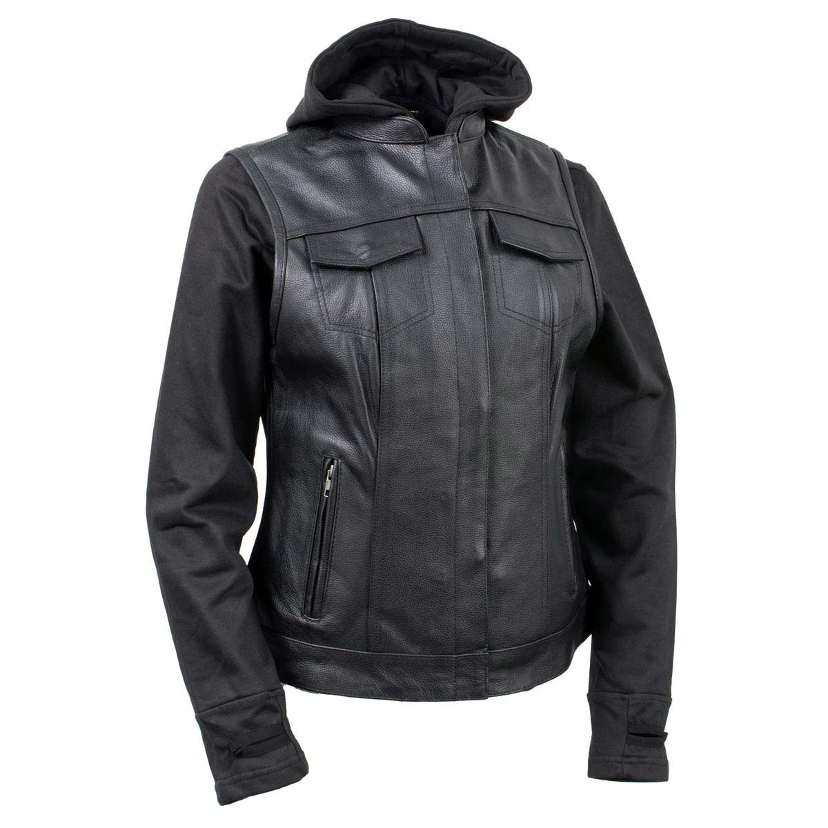 Women's Leather Convertible Hoodie Vest - Black