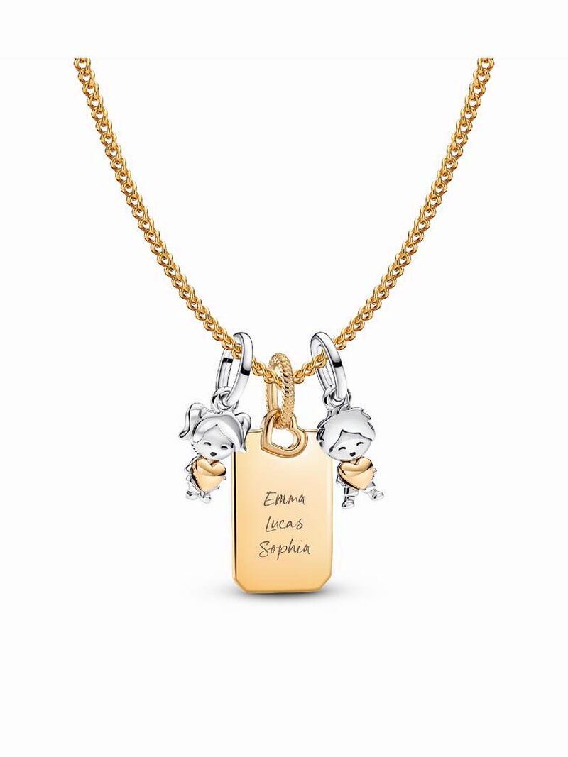 Gold Tone Family Charm Engravable Necklace Set