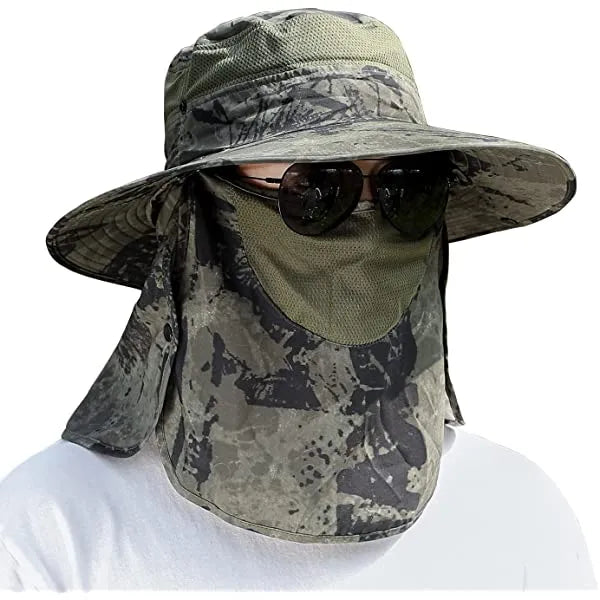 Upf 50+ Sun Fishing Hat For Men Women Wide Brim Hat With Detachable Face Cover & Neck Flap Khaki