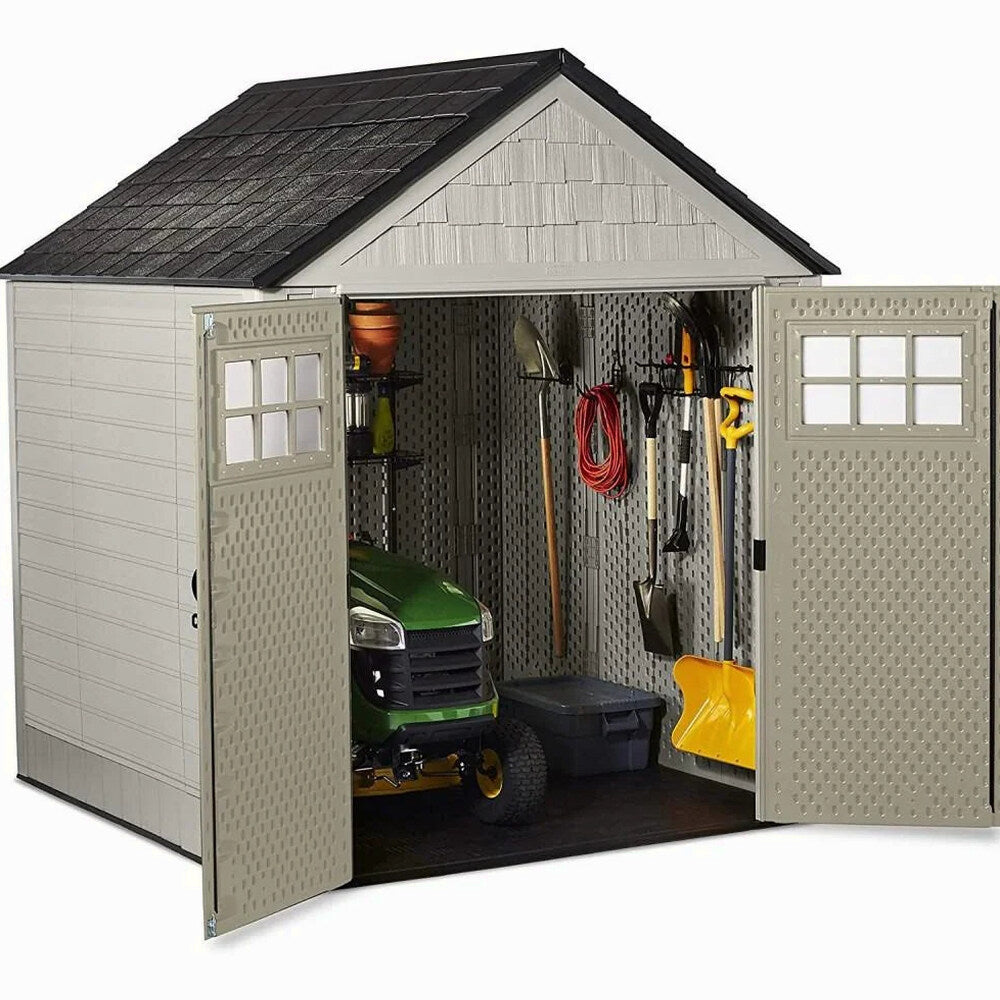 Rubbermaid Resin Outdoor Garden Storage Shed With Windows And Utility Hooks, Sand - 7x7 Ft
