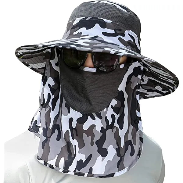 Upf 50+ Sun Fishing Hat For Men Women Wide Brim Hat With Detachable Face Cover & Neck Flap Khaki