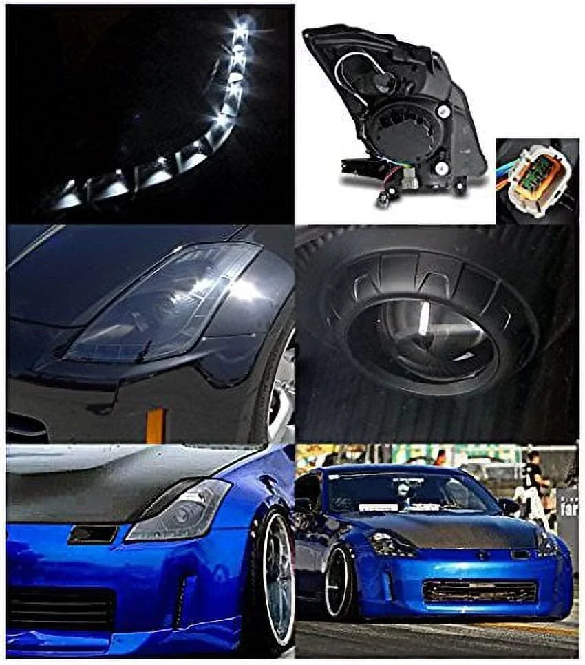 Spec-D Tuning Nissan 350Z Black Projector Headlights With LED DRL Strip Bar - LHP-350Z06JM-RS