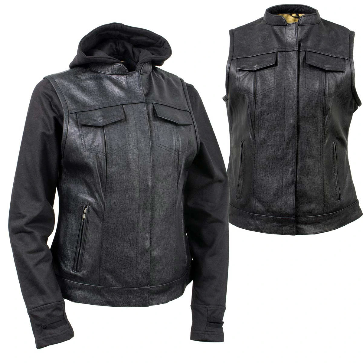 Women's Leather Convertible Hoodie Vest - Black