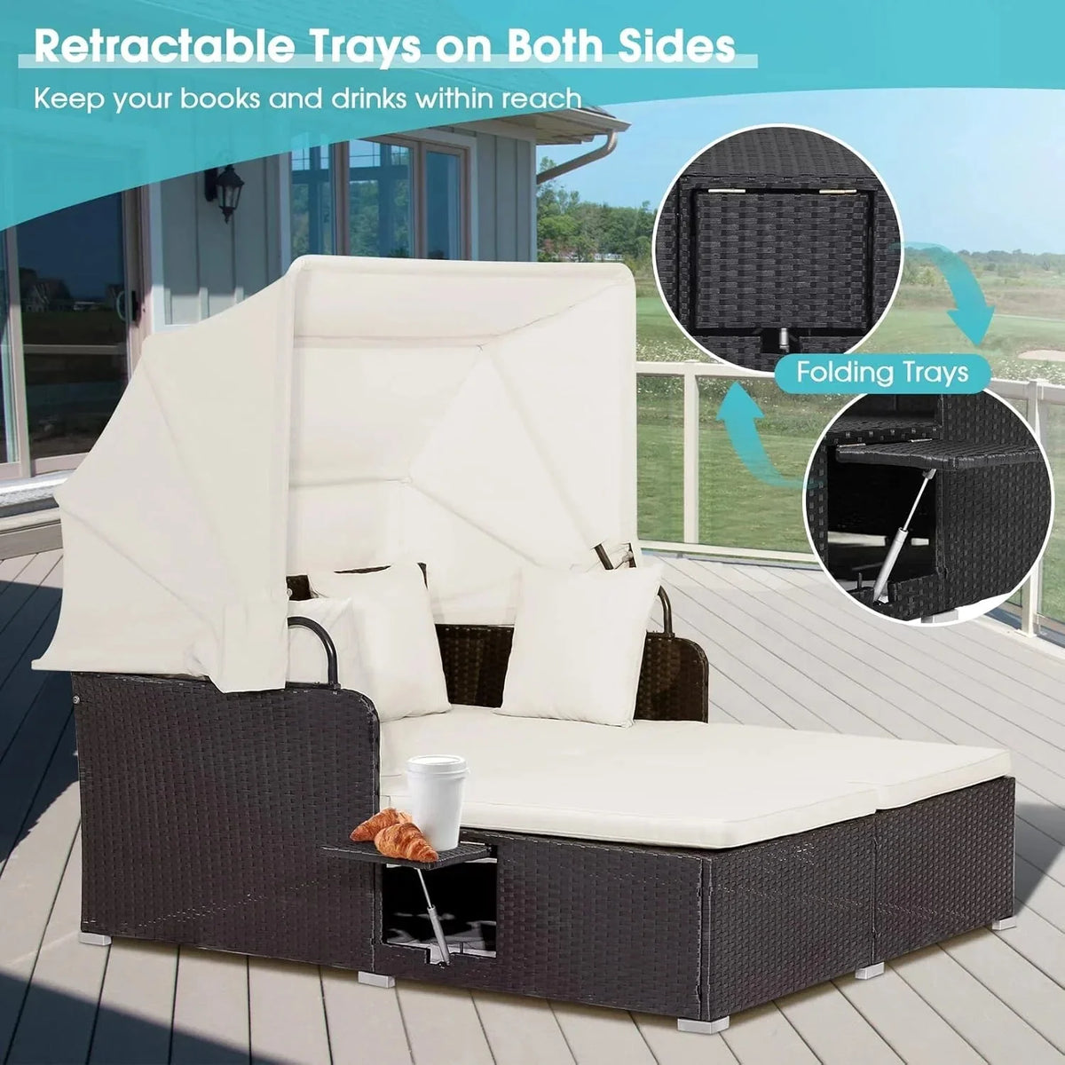 RELAX4LIFE Patio Daybed With Canopy, Cushions, 4 Pillows And 2 Side Trays, Turquoise - B0BYSN7GC7