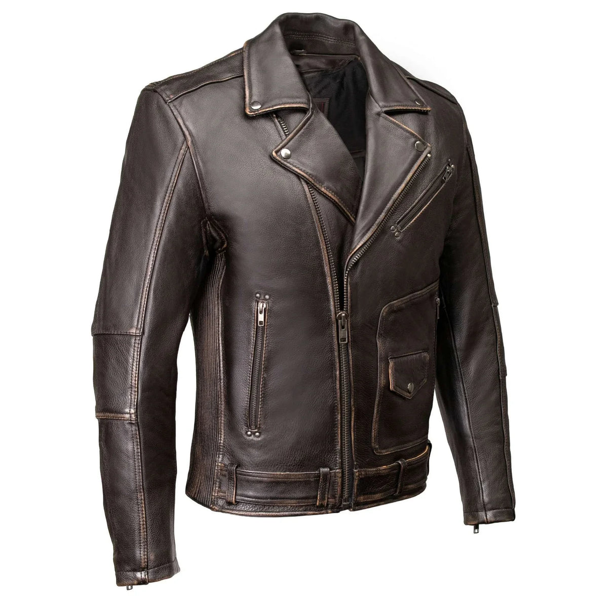 Men's Lapel Collar Leather Motorcycle Jacket - Brown
