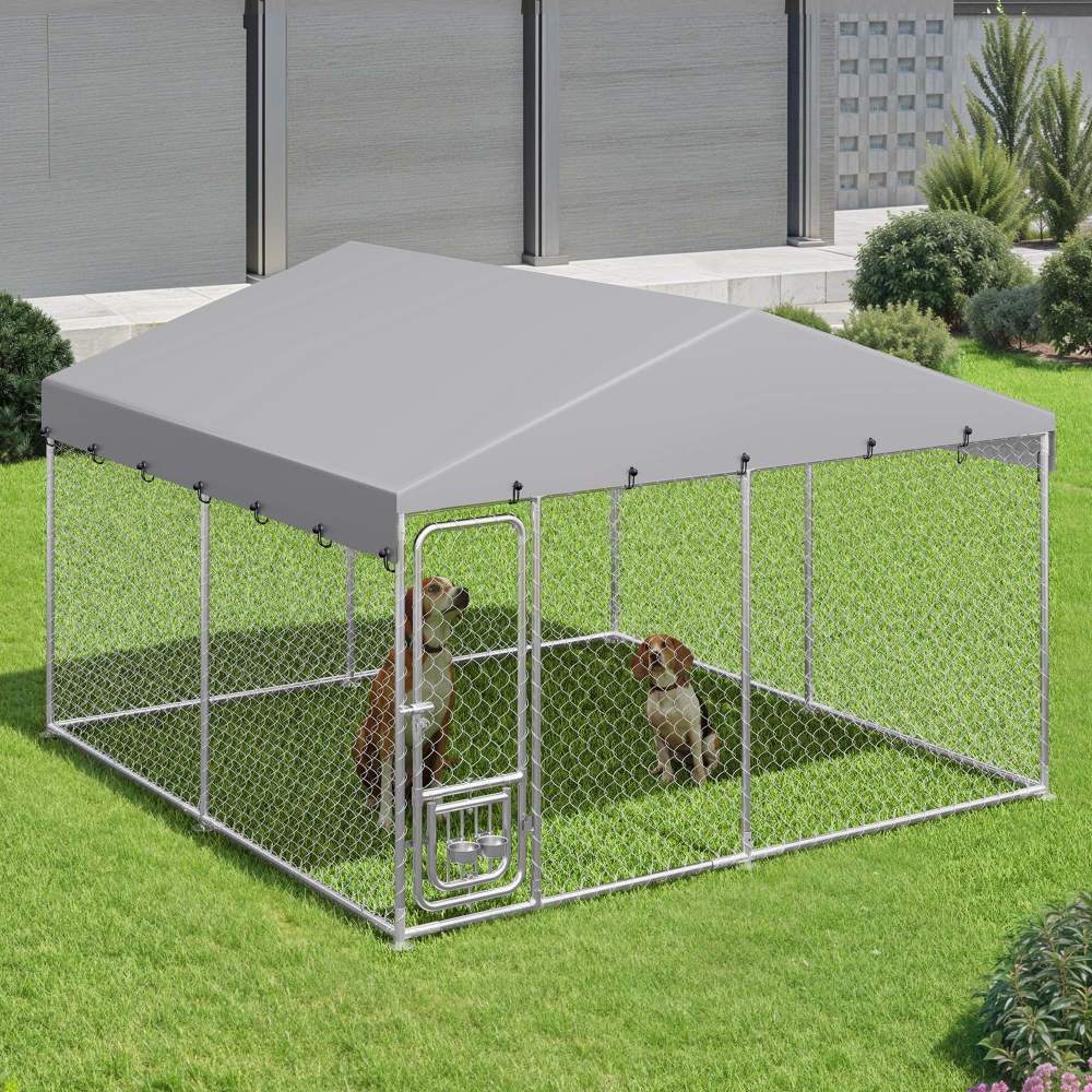 Dextrus Outdoor Dog Kennel Enclosure With Roof And Rotating Feeder Bowls, 10'x10', Silver
