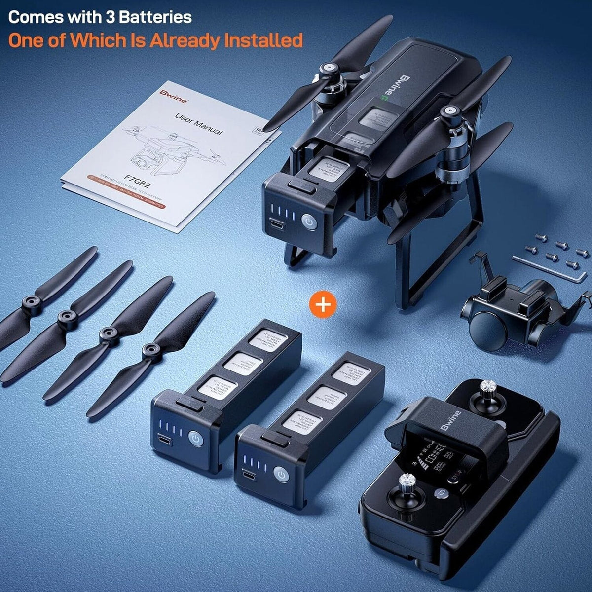 Bwine GPS Camera Drone With 4K Night Vision, 3-Axis Gimbal, 3 Batteries, Black - F7GB2 3B