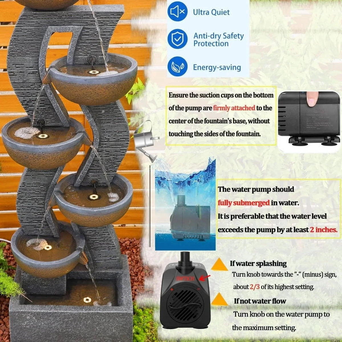 6-Tiered Outdoor Garden Water Fountain With Light, 16.77in L X 13.85in W X 52.8in H