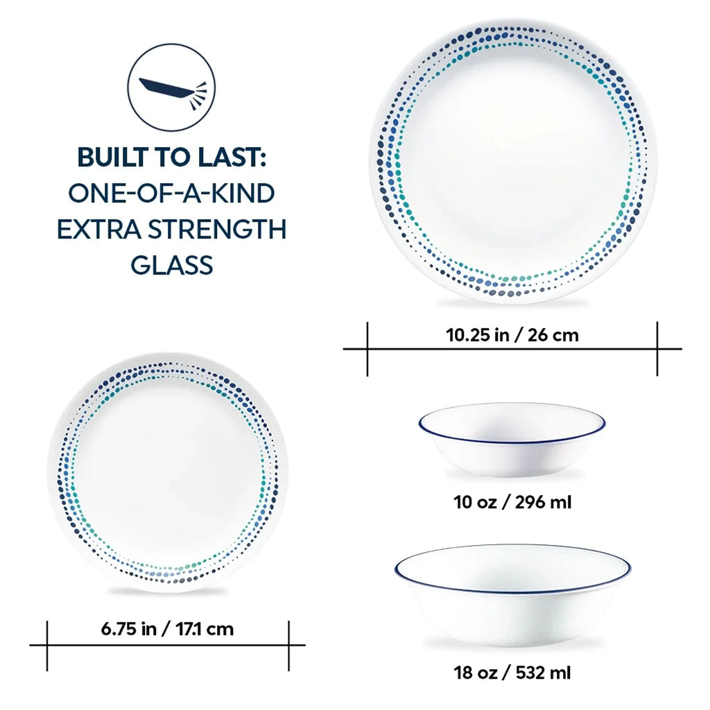16-Piece Mugless Glass Dinnerware Set - Blue Dots