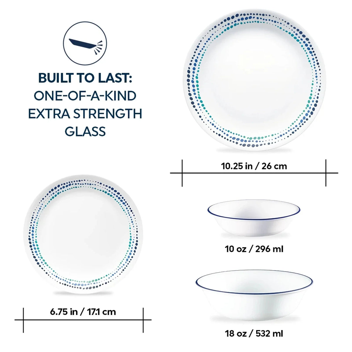 16-Piece Mugless Glass Dinnerware Set - Blue Dots