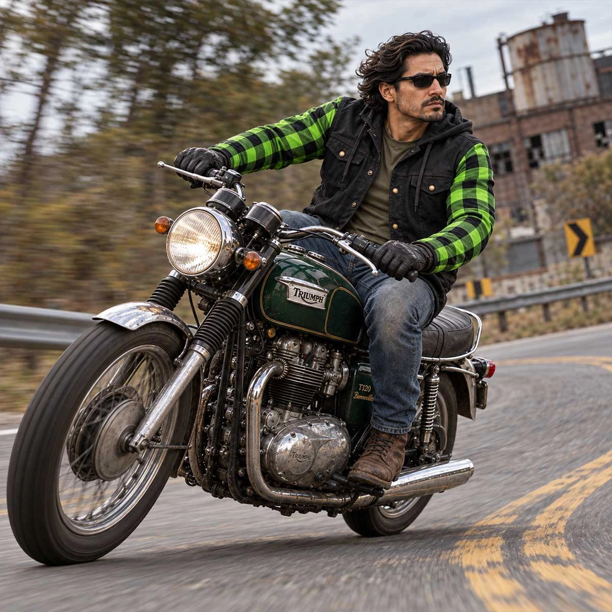 Men's Armored Denim Hooded Jacket - Black/Green