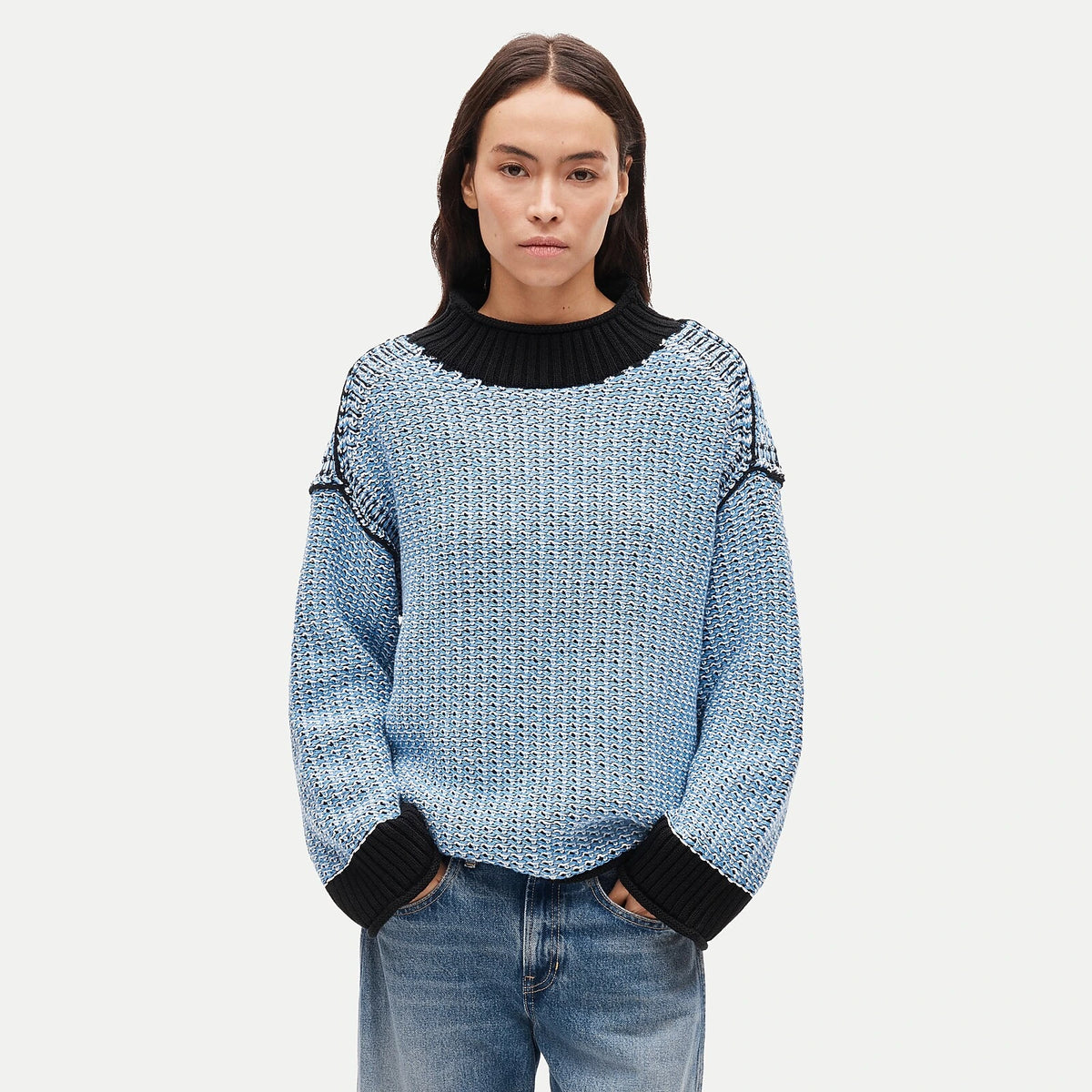 Reversible Cotton Tweed-Stitch Sweater - Blue