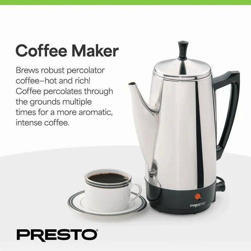 Presto Stainless Steel Percolator Coffee Maker, 2 To 12 Cups, Silver
