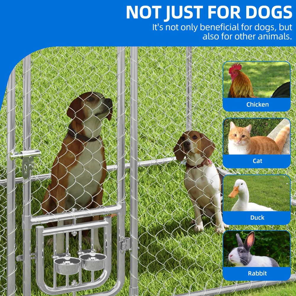 Dextrus Outdoor Dog Kennel Enclosure With Roof And Rotating Feeder Bowls, 10'x10', Silver
