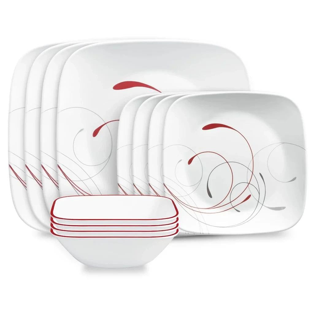 12-Piece Square Dinnerware Set - Red And Gray