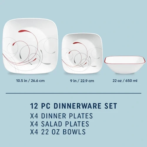 12-Piece Square Dinnerware Set - Red And Gray
