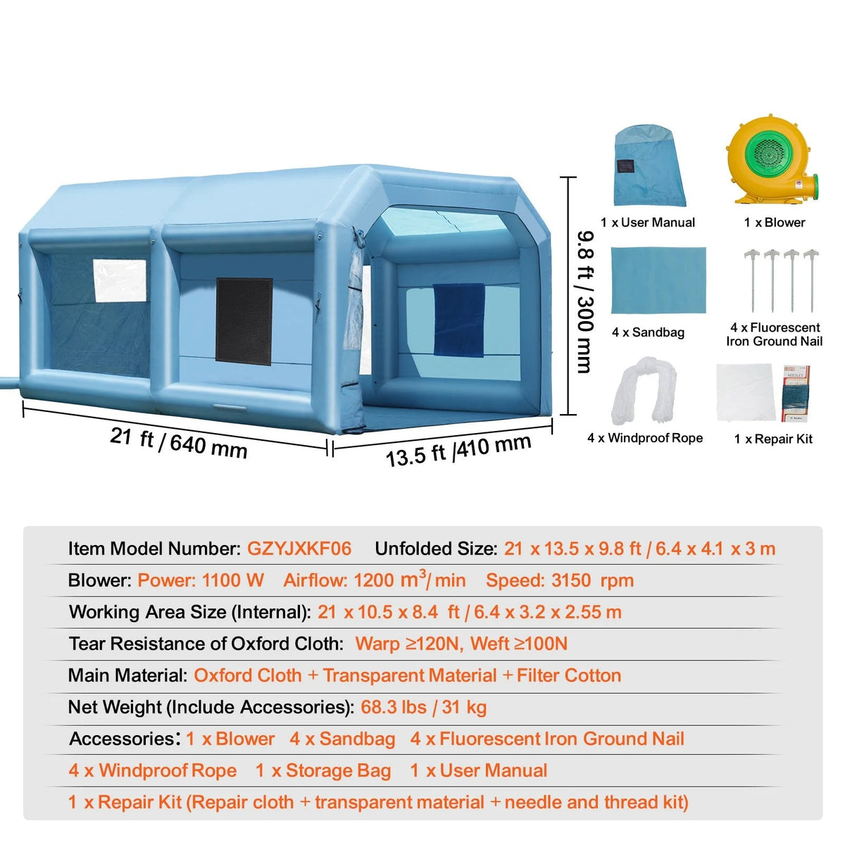 SKYSHALO Portable Spray Shelter, 21x13.5x9.8 ft With 1100W Blower And Filtration System