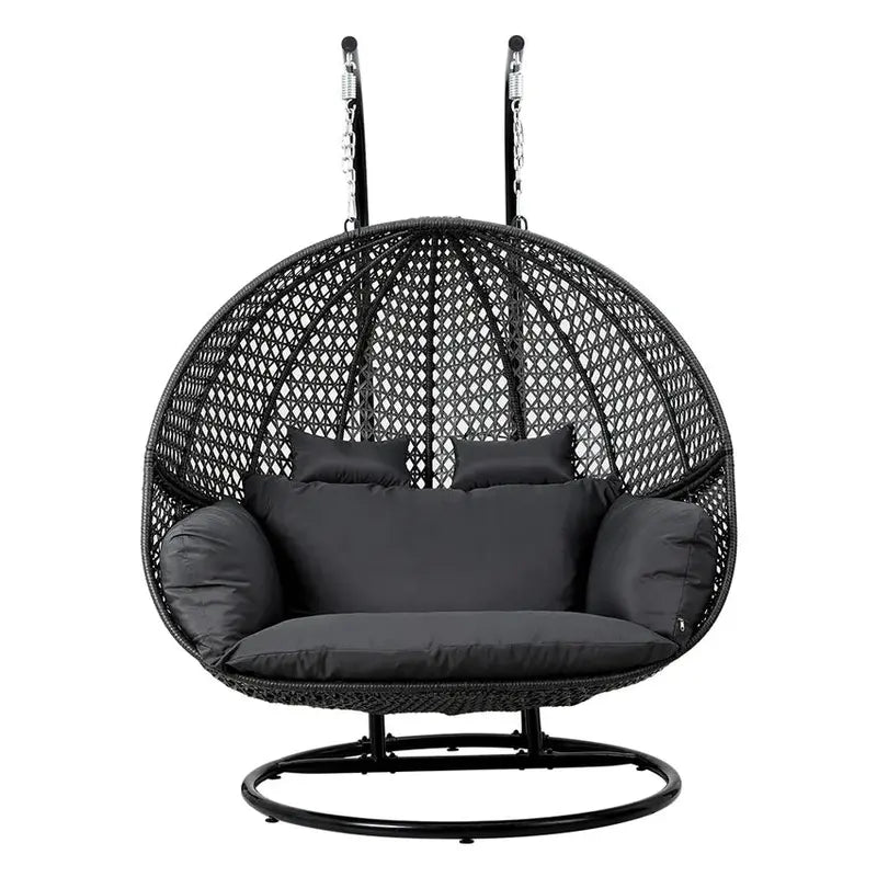 Gardeon Two-Person Wicker Egg Swing Chair With Stand, Grey, 117cm x 117cm x 200cm