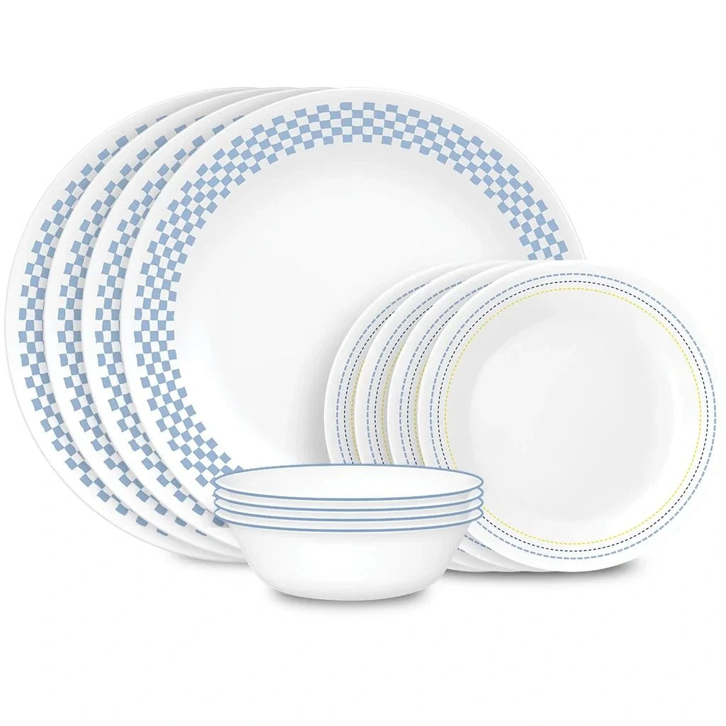 12-Piece Blue Checkered Dinnerware Set