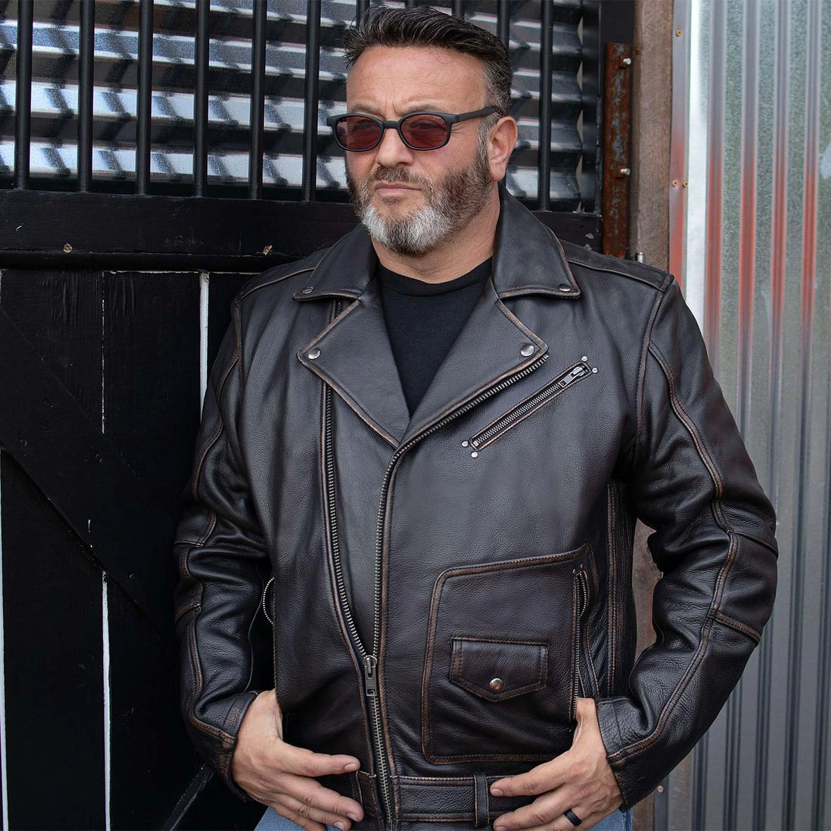 Men's Lapel Collar Leather Motorcycle Jacket - Brown