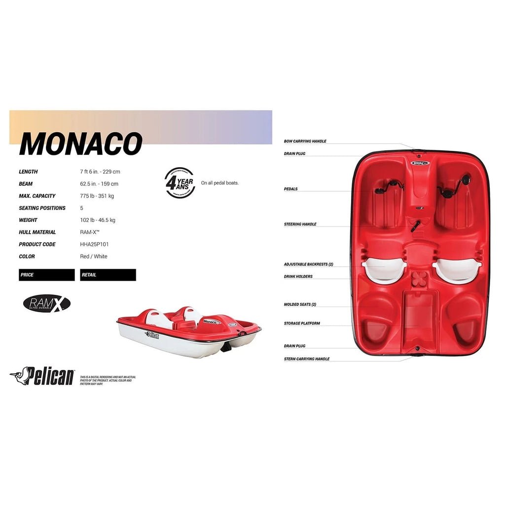 Pelican Sport Monaco Adjustable 5 Seat Pedal Boat, Red/White - MONACO