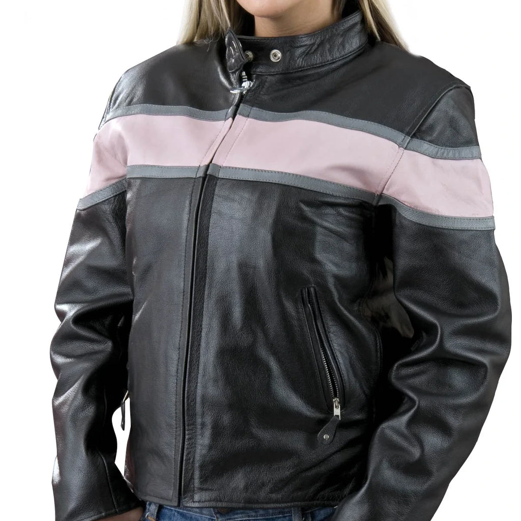 Women's Leather Motorcycle Jacket - Black Pink