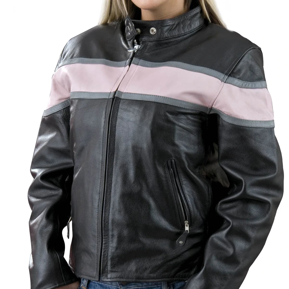 Women's Leather Motorcycle Jacket - Black Pink