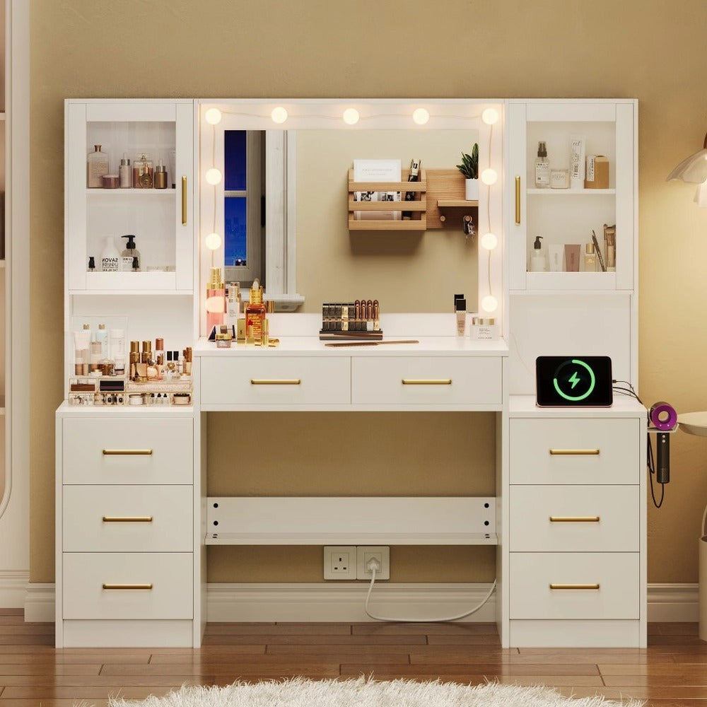 UGTOO LED Makeup Vanity Desk With Mirror, 58.27in, 10 Adjustable LED Bulbs, 8 Drawers, 2 Cabinets, White