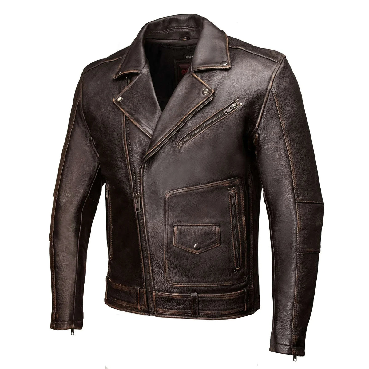Men's Lapel Collar Leather Motorcycle Jacket - Brown