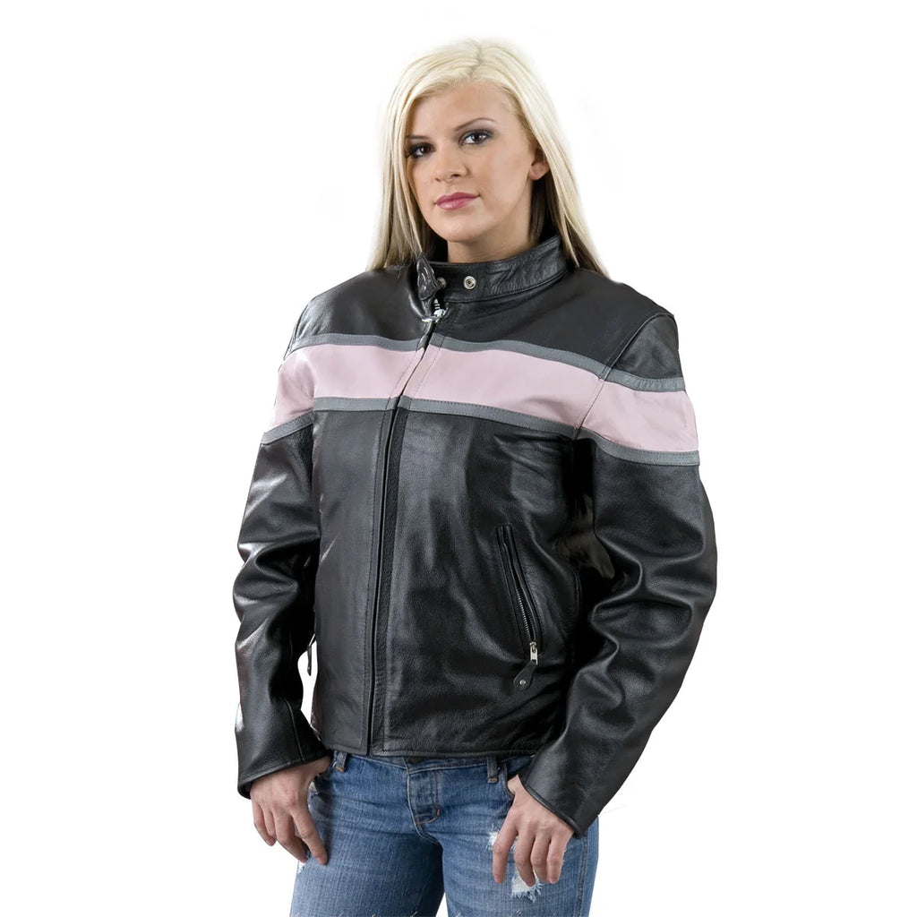 Women's Leather Motorcycle Jacket - Black Pink